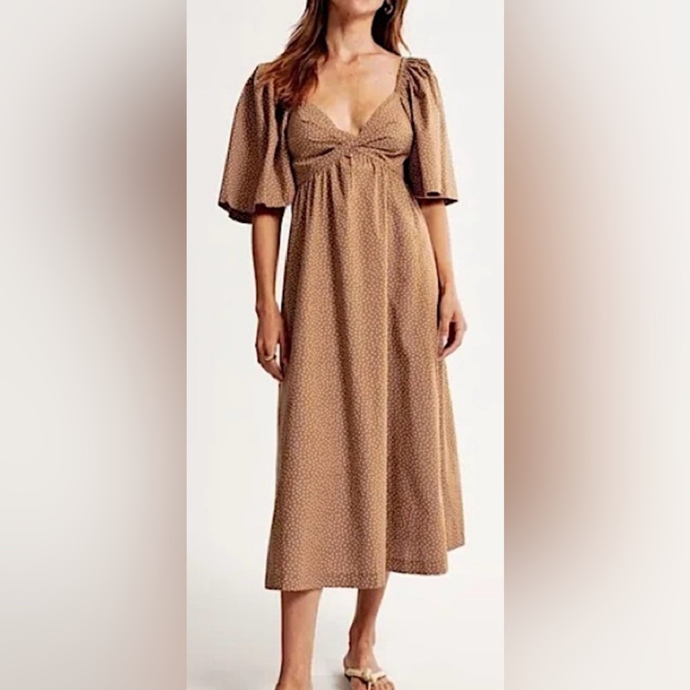 Abercrombie & Fitch Polka Dot Angel Sleeve Twist Front Tie back Brown Midi Dress